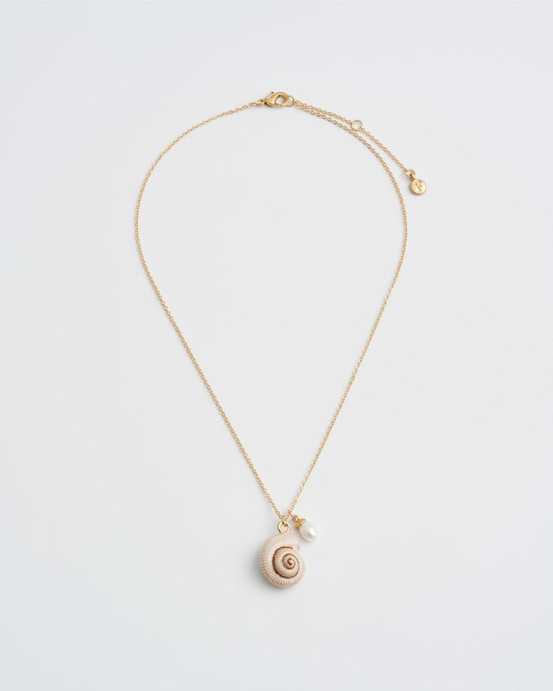 Sea Snail Shell and Pearl Worn Gold Short Necklace