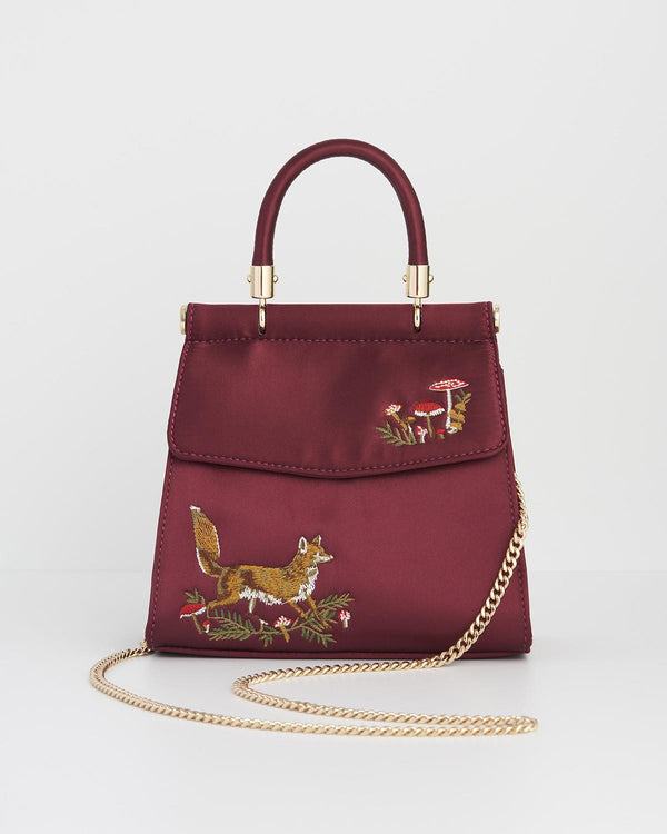 Fox & Mushroom Embroidered Burgundy Satin Tote