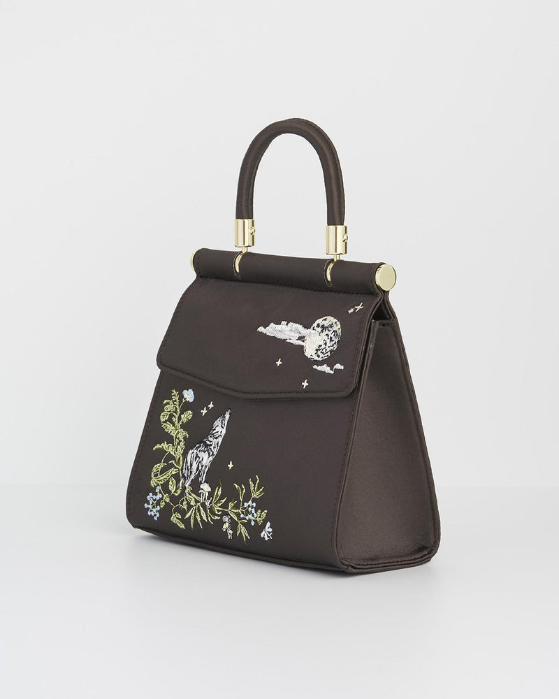 Wolf & Moon Embroidered Charcoal Satin Tote