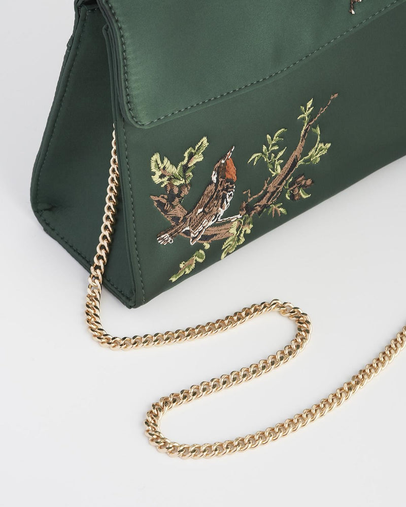 Robin Love Embroidered Green Satin Tote