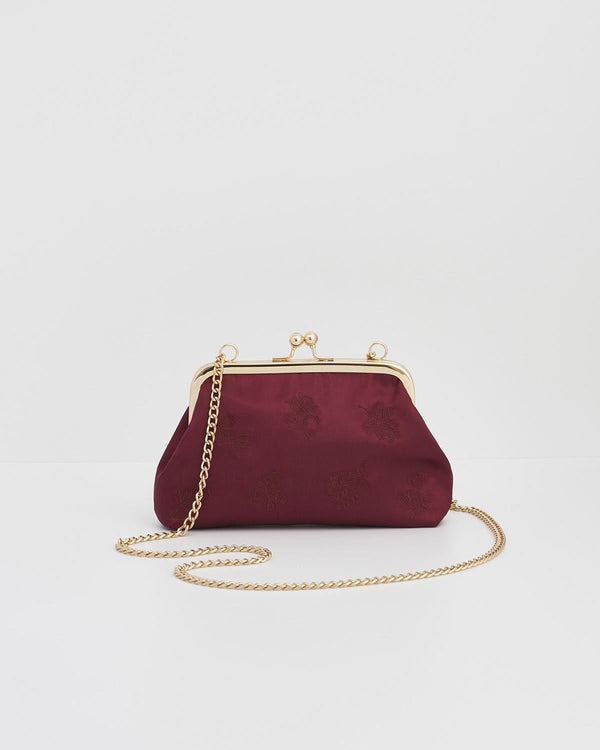 Victoriana Embroidered Burgundy Satin Clutch Bag