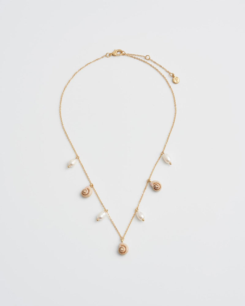 Sea Snail Charm & Pearl Worn Gold Necklace
