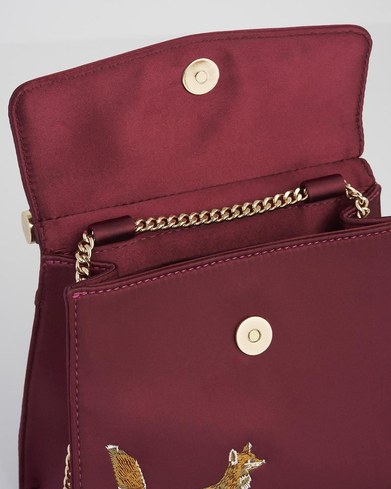 Fox & Mushroom Embroidered Burgundy Satin Tote