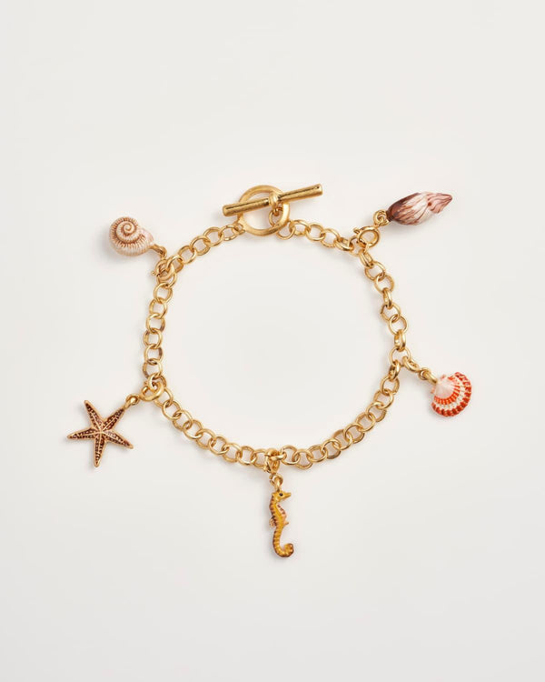 Hand Painted Shell Charm Worn Gold Bracelet