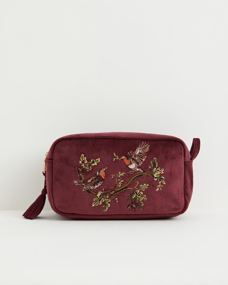 Robin Love Embroidered Pouch Redcurrant Velvet