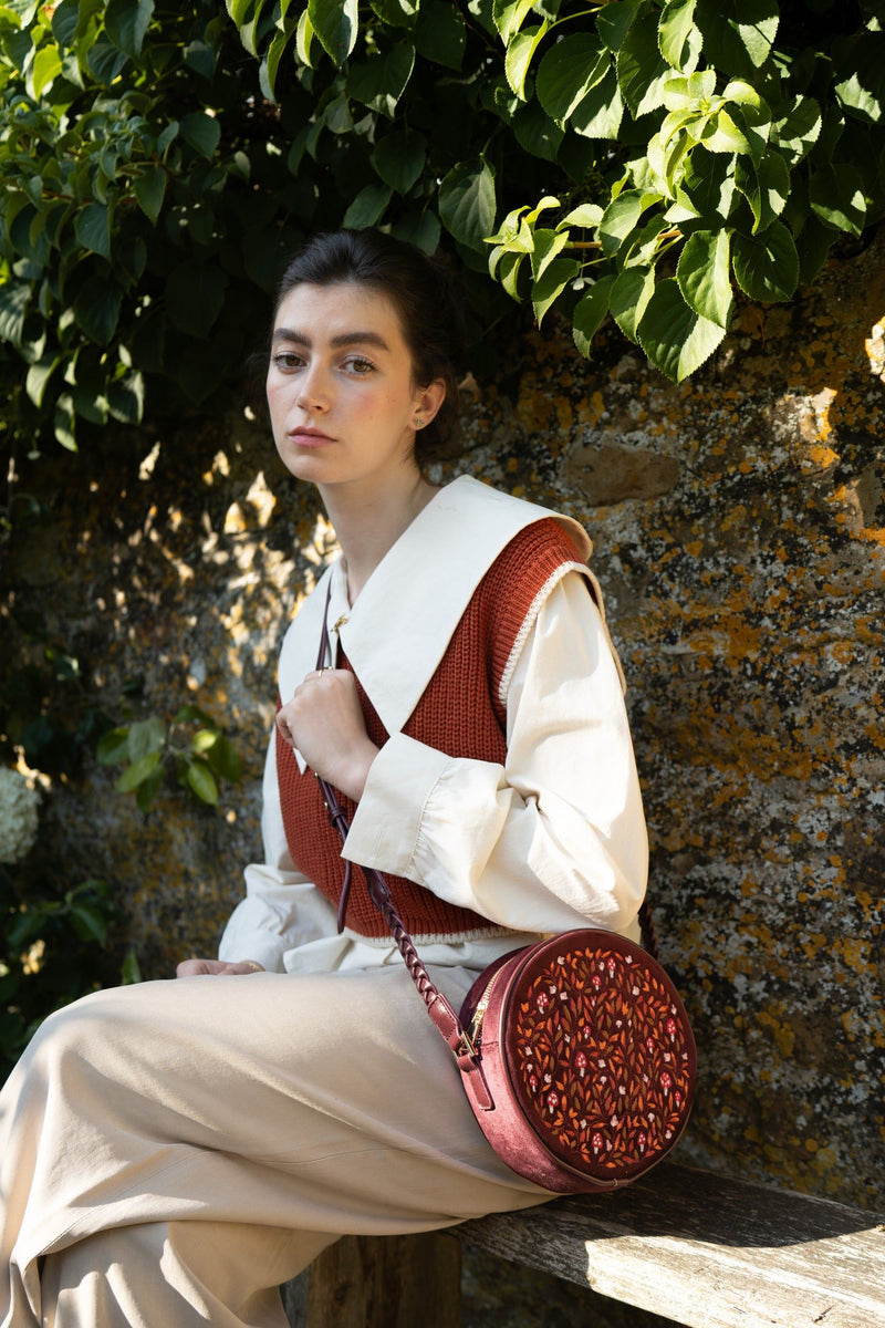 Magical Mushroom Embroidered Burgundy Velvet Circle Bag