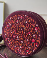 Magical Mushroom Embroidered Burgundy Velvet Circle Bag